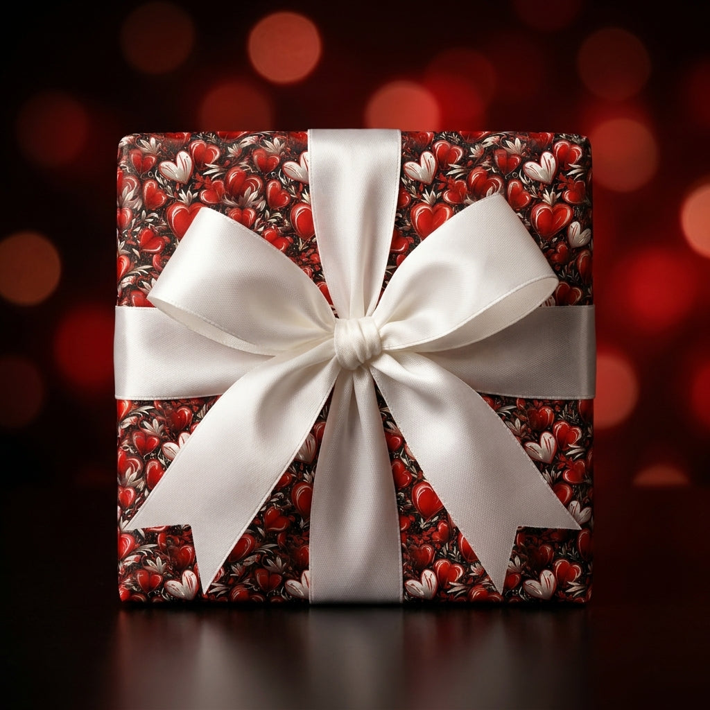 Romantic red heart gift wrap with a white satin bow for Valentine's Day by Wrapped Studios.