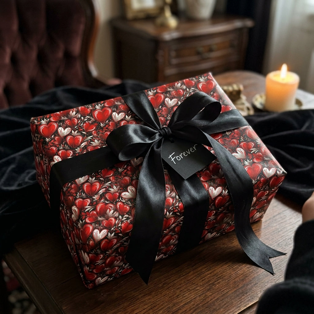 Romantic red heart wrapping paper with a black satin bow and Forever tag by Wrapped Studios.