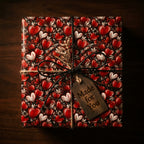 Valentine's Day heart wrapping paper on a gift box with a twine bow and tag by Wrapped Studios.