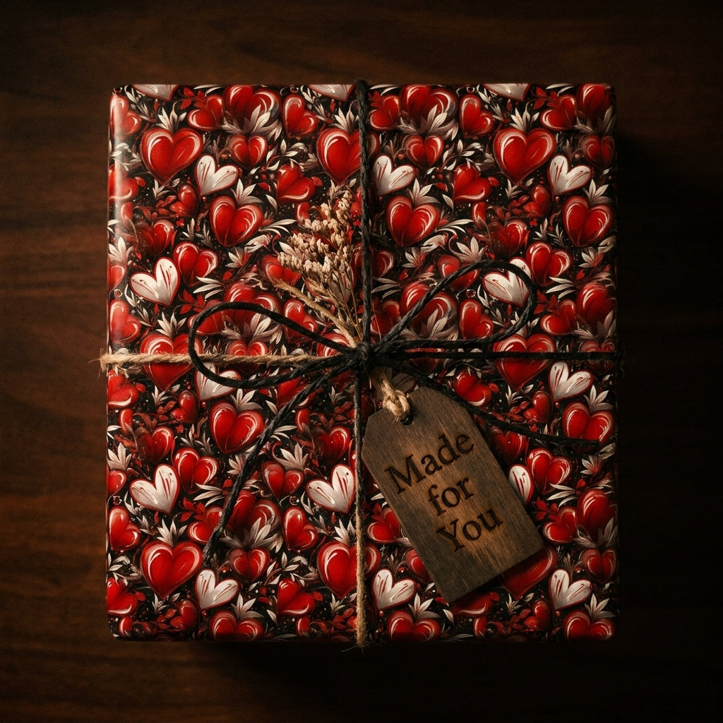 Valentine's Day heart wrapping paper on a gift box with a twine bow and tag by Wrapped Studios.