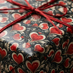 Romantic Valentine's Day wrapping paper with red vintage hearts and string bow by Wrapped Studios.