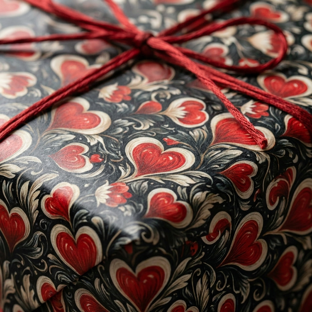 Romantic Valentine's Day wrapping paper with red vintage hearts and string bow by Wrapped Studios.