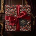 Luxury Valentine's wrapping paper with vintage red heart pattern and satin bow by Wrapped Studios.