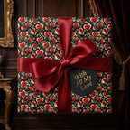 Luxury Valentine's wrapping paper with vintage red heart pattern and satin bow by Wrapped Studios.