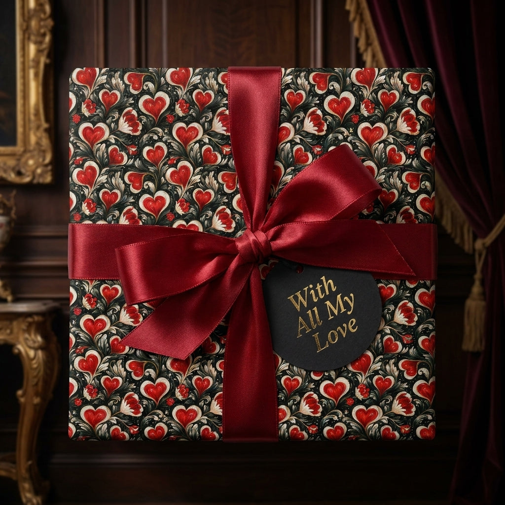 Luxury Valentine's wrapping paper with vintage red heart pattern and satin bow by Wrapped Studios.