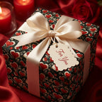 Romantic Valentine's Day wrapping paper with red hearts and a cream bow by Wrapped Studios.