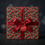 Luxury Valentine's Day heart wrapping paper with a red satin bow by Wrapped Studios.