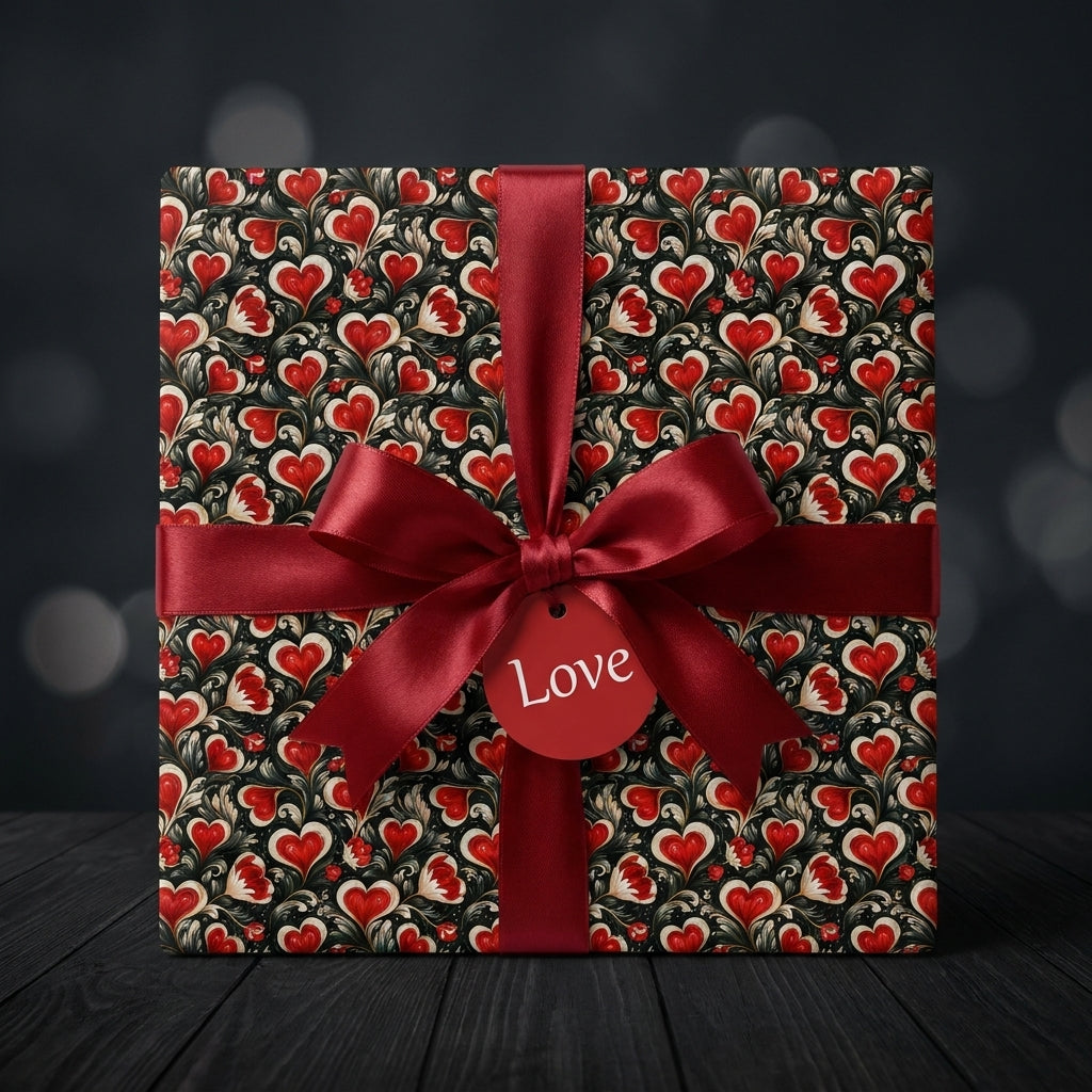 Luxury Valentine's Day heart wrapping paper with a red satin bow by Wrapped Studios.