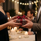 Couple exchanging a gift in red heart Valentine's Day wrapping paper by Wrapped Studios.
