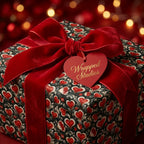 Valentine’s Day heart gift wrap by Wrapped Studios with a luxury red velvet bow on a gift box.