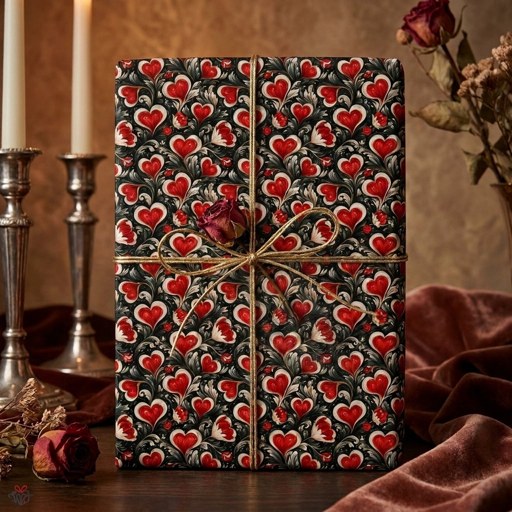 Luxury vintage heart wrapping paper with gold bow, romantic Valentine's Day gift wrap by Wrapped Studios.