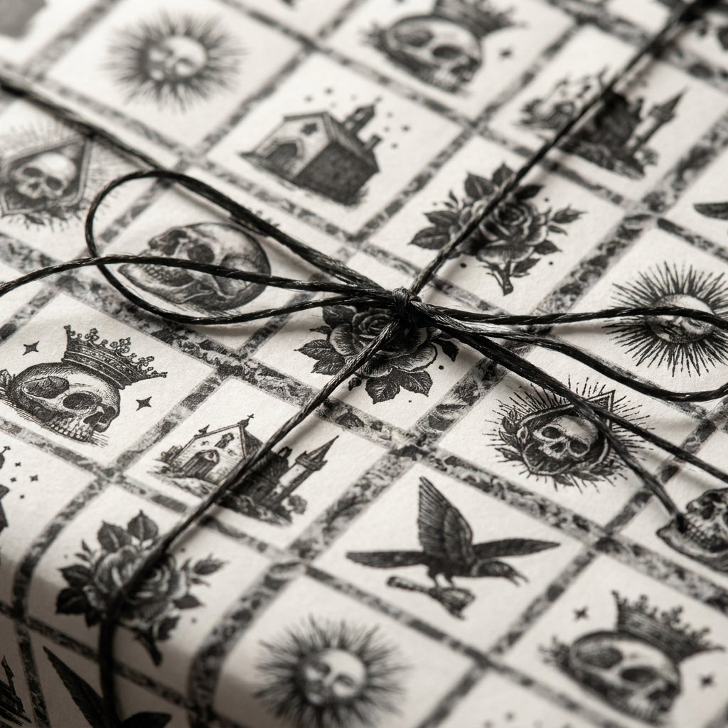 Gothic wrapping paper with vintage skulls and roses tied with black twine bow by Wrapped Studios.