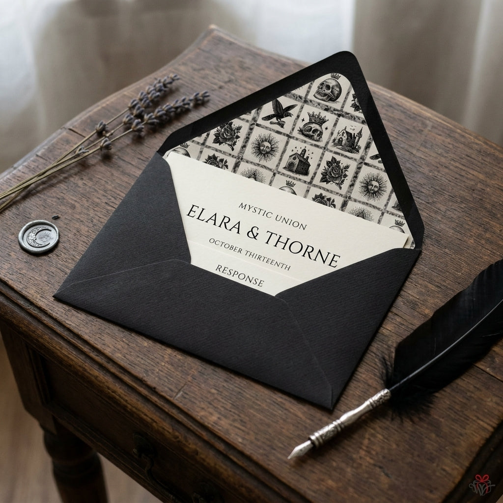 Gothic wedding invitation with mystic skull and moon envelope liner by Wrapped Studios.