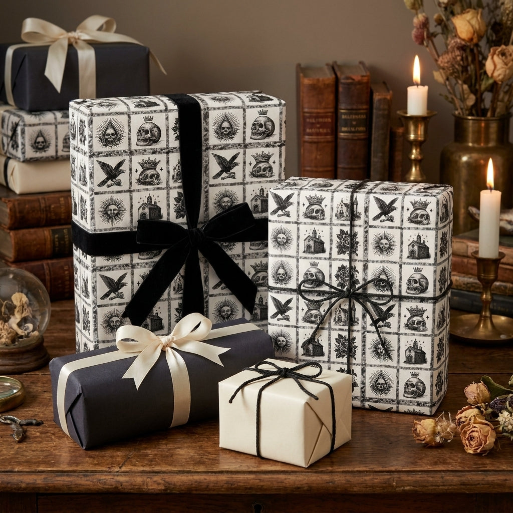 Gothic skull wrapping paper on gifts with black velvet ribbon by Wrapped Studios.