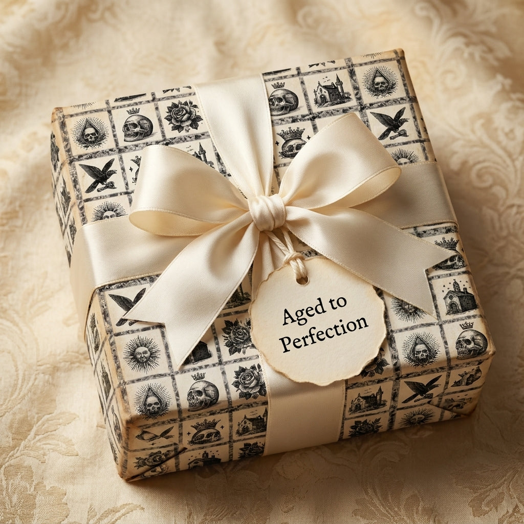 Gothic birthday wrapping paper with skull prints and cream satin ribbon by Wrapped Studios.