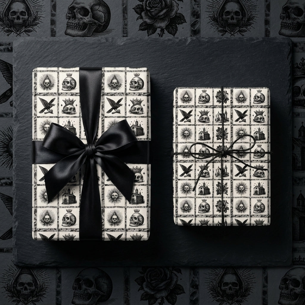 Gothic wrapping paper with vintage skulls and black ribbon. Spooky Halloween gift wrap by Wrapped Studios.