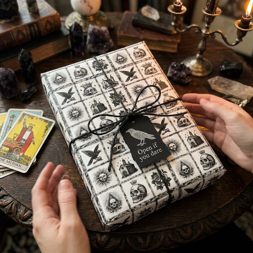 Gothic wrapping paper with skull patterns on a spooky gift box by Wrapped Studios.