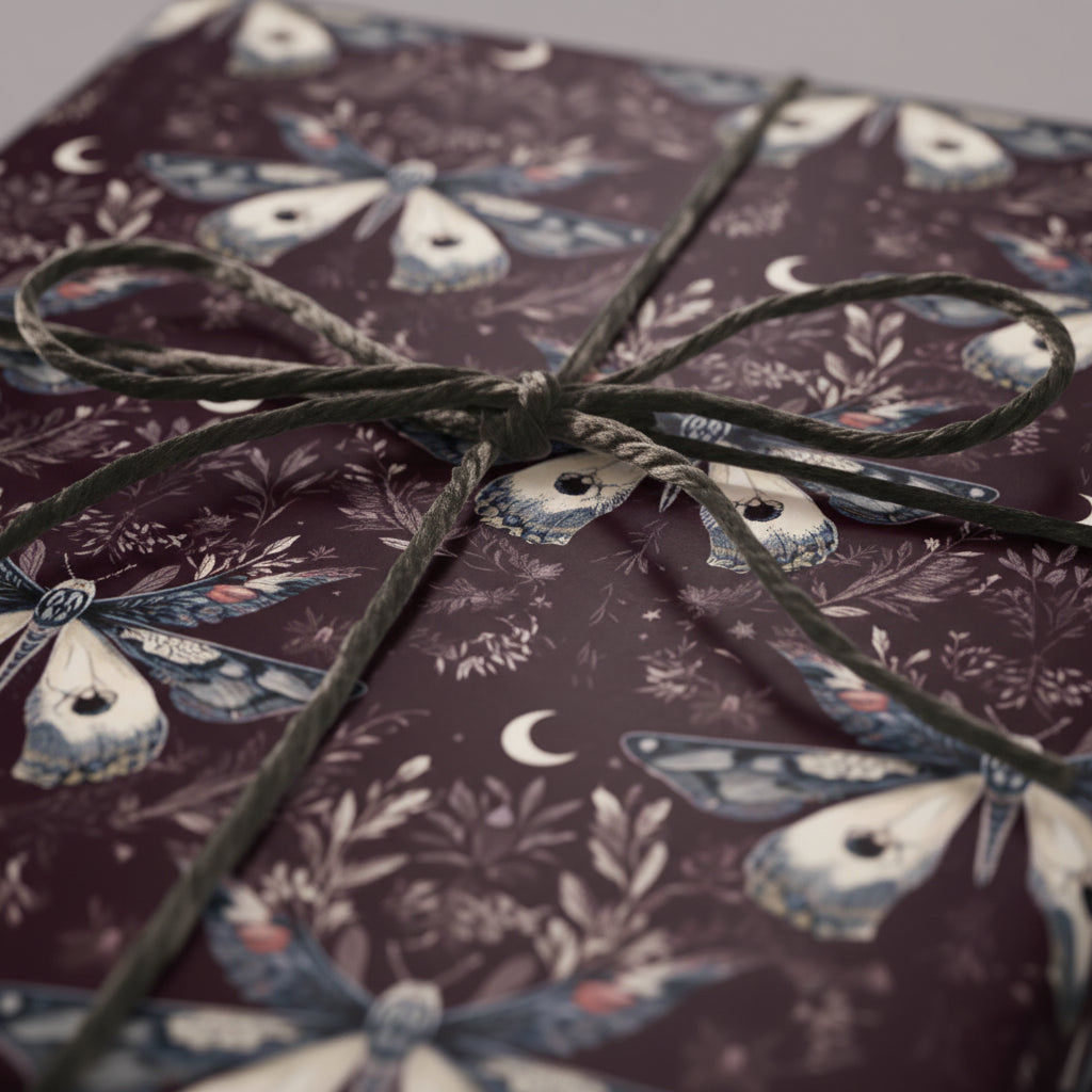 Burgundy gift box wrapped in moth and moon patterned paper, tied with a gray twine bow.