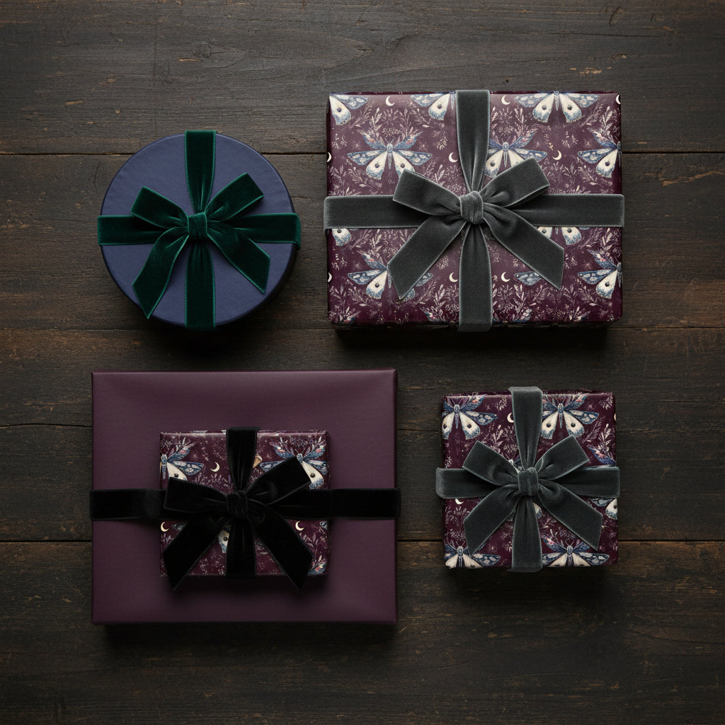 Elegant gift wrapping: purple moth pattern paper, velvet ribbon, for luxury birthday or holiday presents.