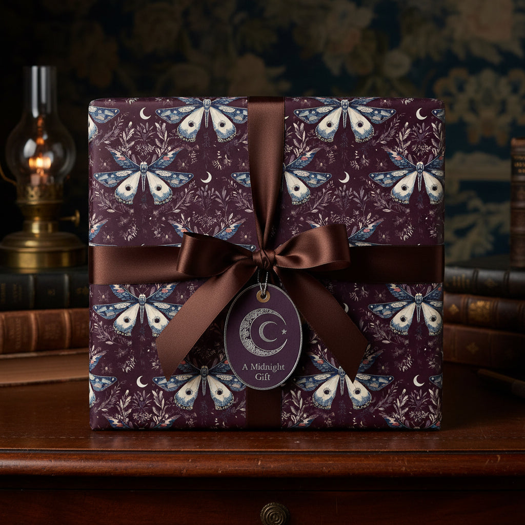 Luxury gift box with a moth & crescent moon pattern gift wrap and brown satin ribbon.