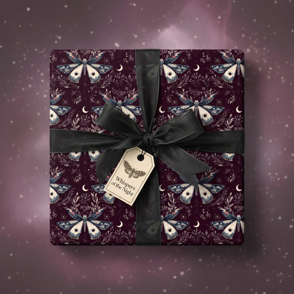 Square gift wrapped in moth print wrapping paper with black ribbon.