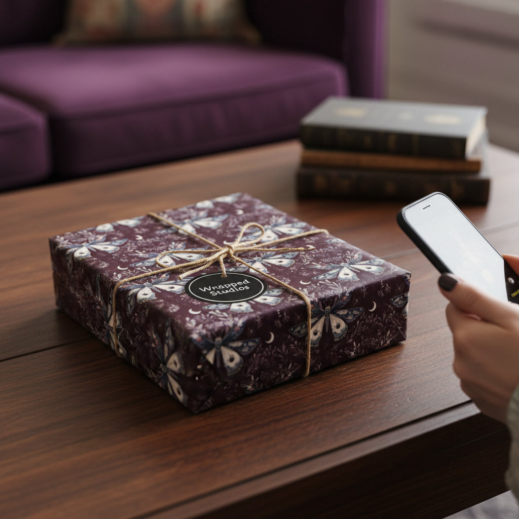 Elegant butterfly-themed gift wrapped in floral wrapping paper with rustic twine, ready to be photographed.