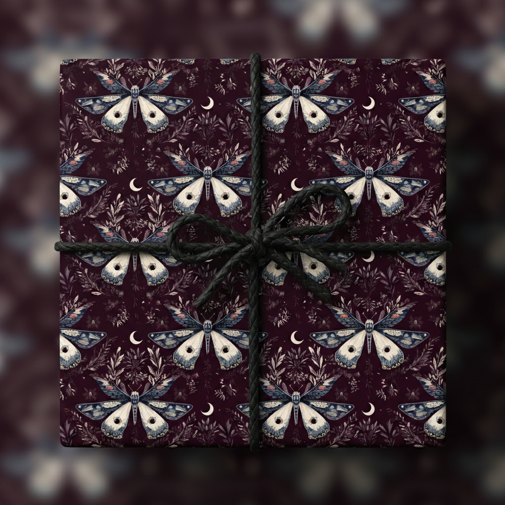 Elegant gift box wrapped in dark floral wrapping paper with moth and moon pattern, tied with a black cord bow.