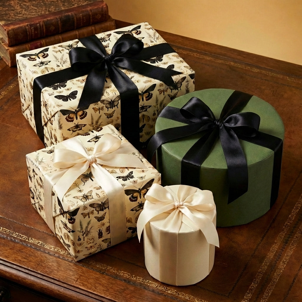 Elegant gifts wrapped in botanical butterfly wrapping paper, tied with black and cream satin ribbon.