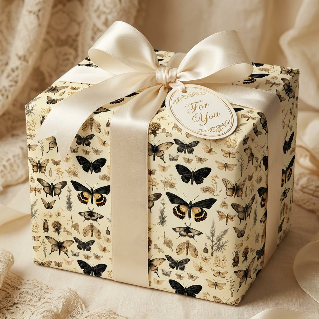 Elegant vintage butterfly gift wrap with ivory ribbon and "For You" tag.
