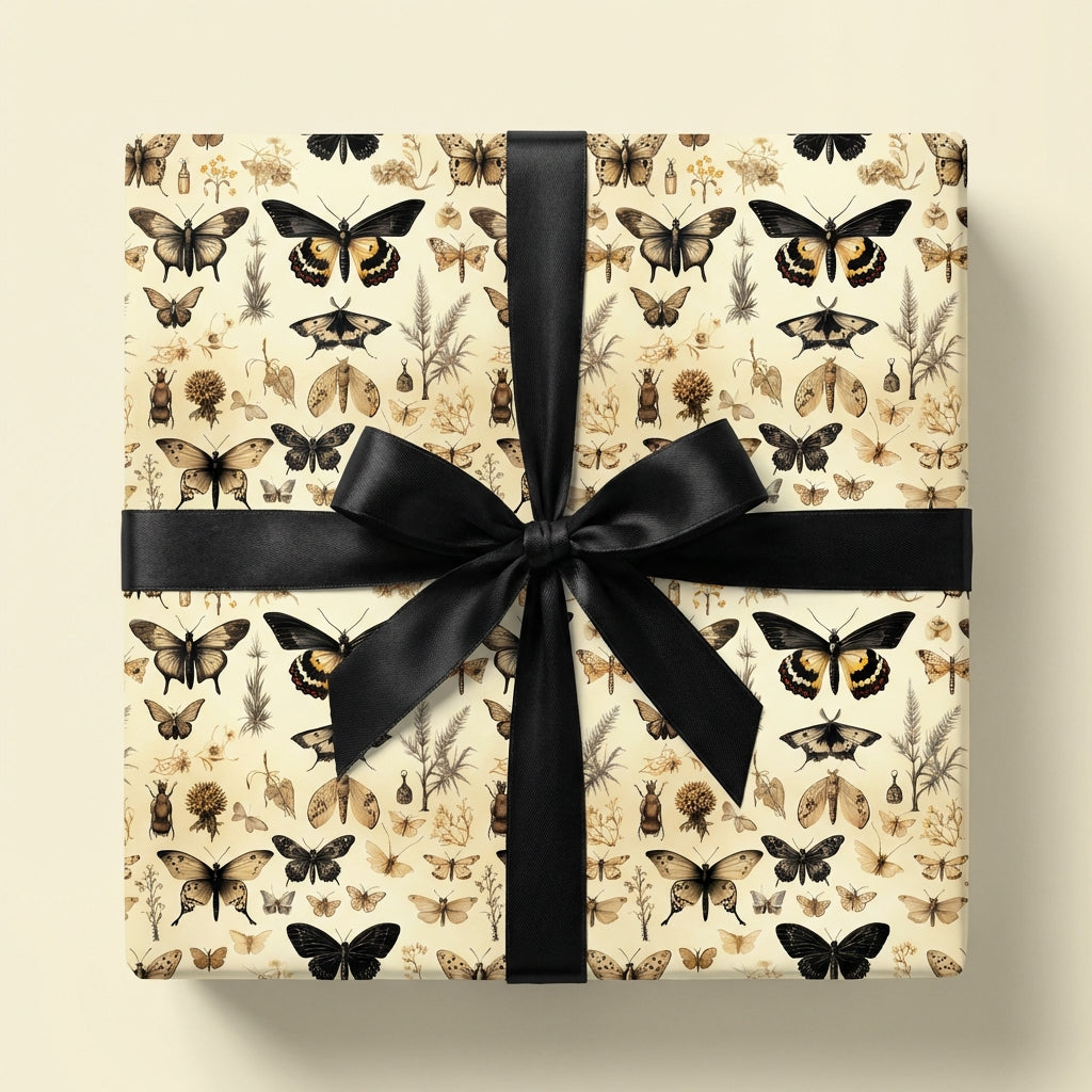 Gift box in elegant vintage butterfly wrapping paper with a black satin bow.