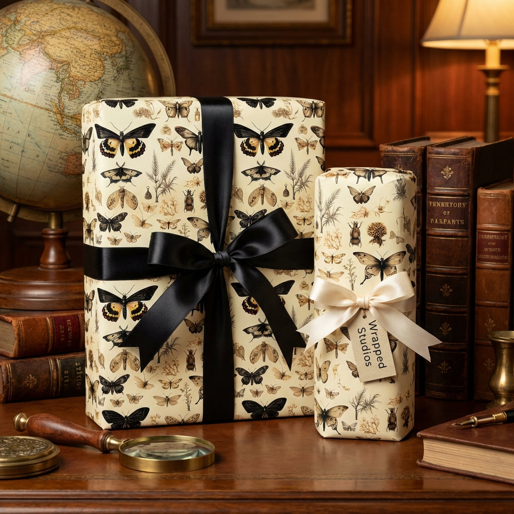 Elegant insect-themed wrapping paper with black ribbon. Vintage style gift wrap from Wrapped Studios.