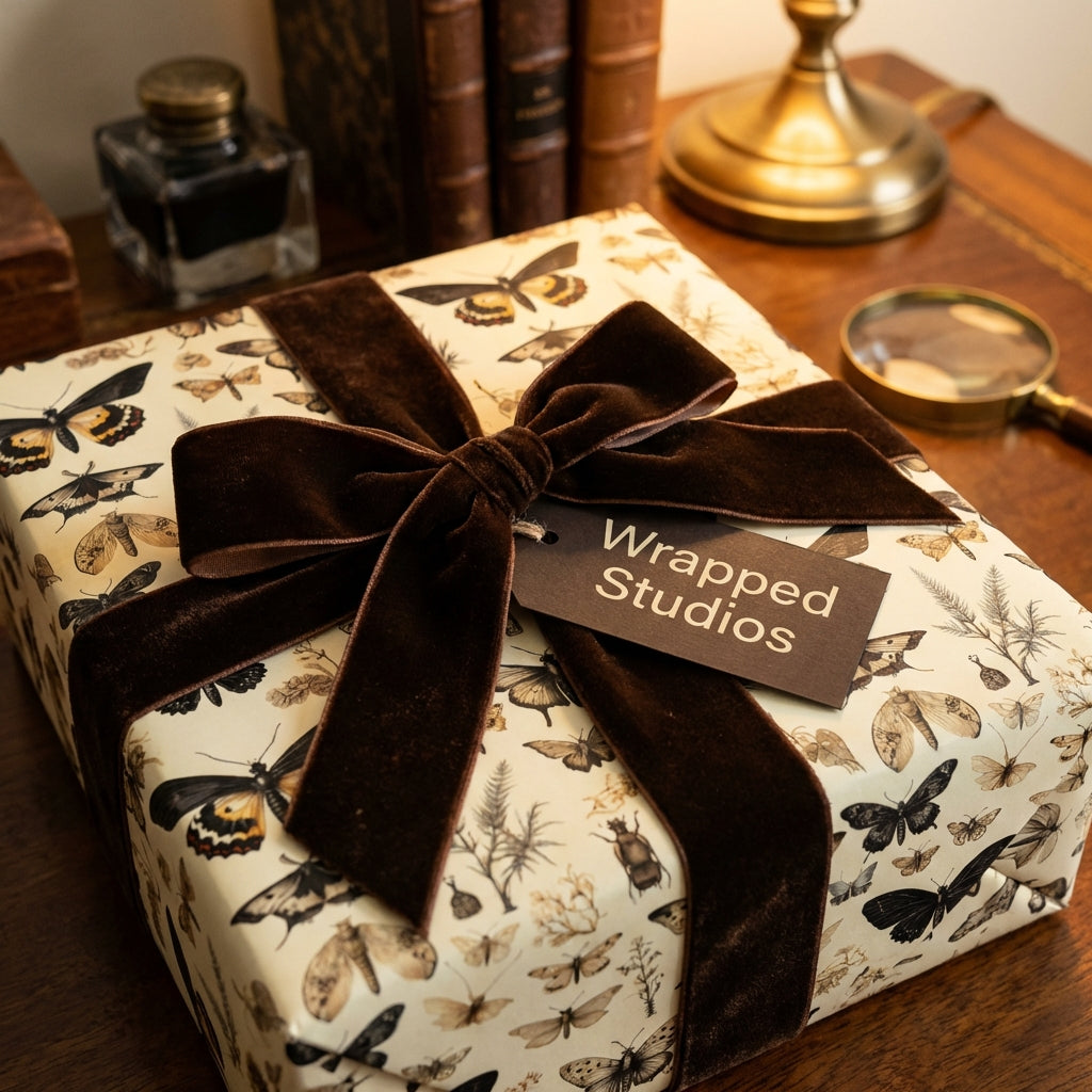 Wrapped Studios gift with botanical butterfly wrapping paper and brown velvet ribbon.