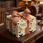 Wrapped Studios gift box in vintage butterfly wrapping paper with bronze ribbon.