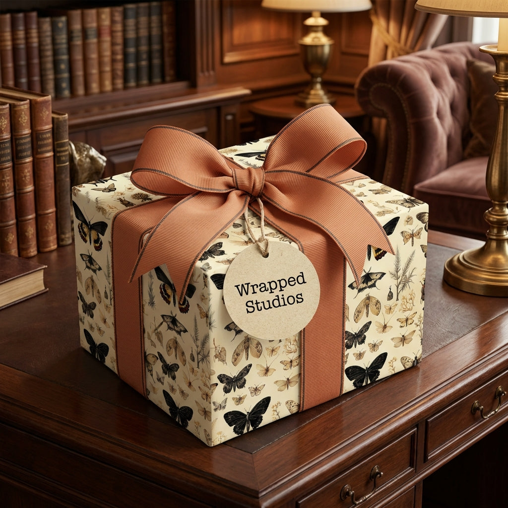 Wrapped Studios gift box in vintage butterfly wrapping paper with bronze ribbon.