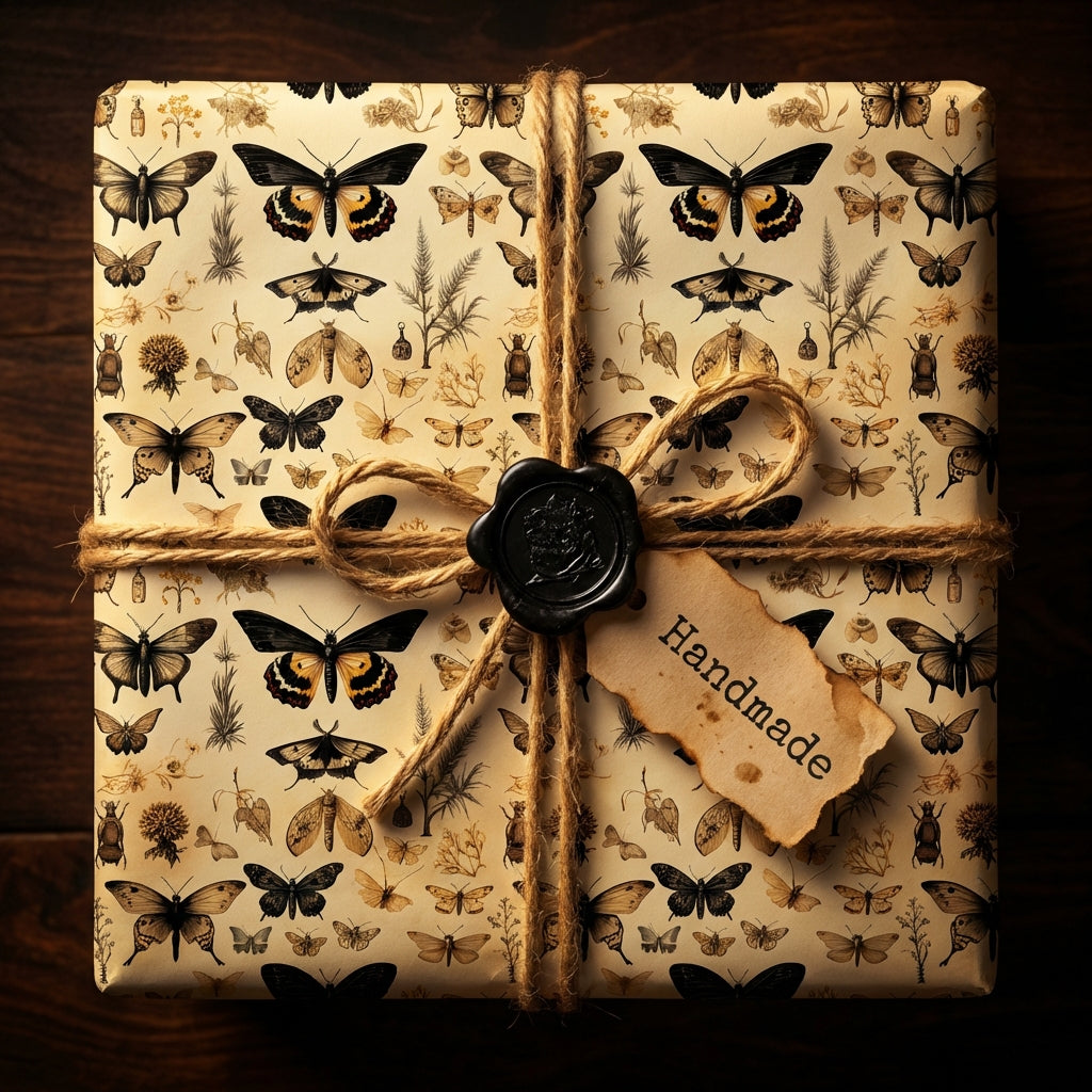 Vintage-inspired wrapping paper featuring butterfly and botanical designs. Wrapped with twine and a "Handmade" tag.