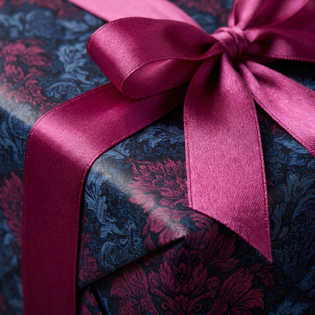 Elegant floral wrapping paper in navy and magenta, tied with a fuchsia satin ribbon.