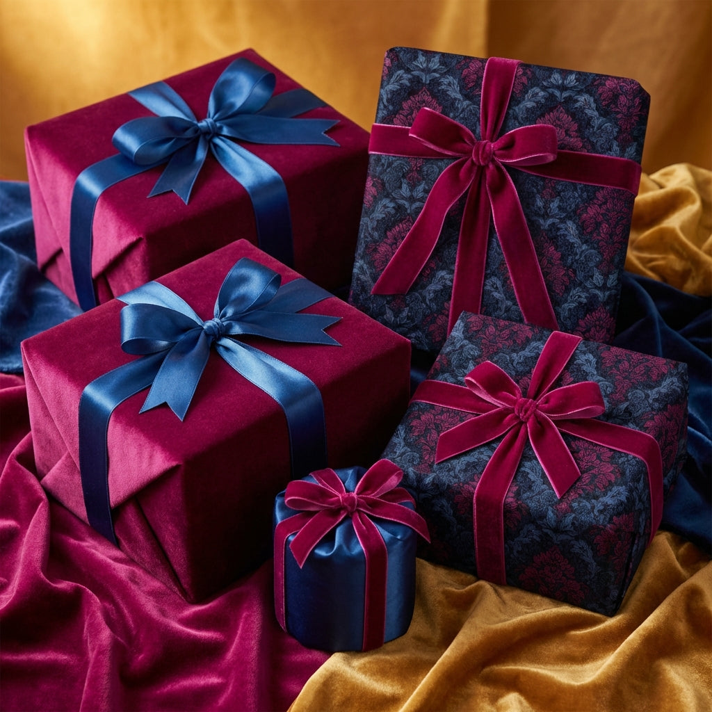 Decorative gift boxes with ribbons on a textured fabric background. Gifts wrapped with opulent floral wrapping paper.