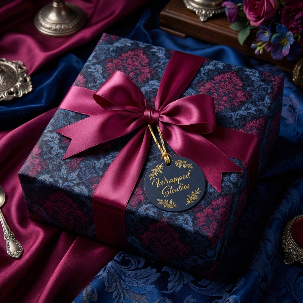 Decorative gift box with a large pink bow and 'Wrapped Studios' tag on a luxurious fabric background.