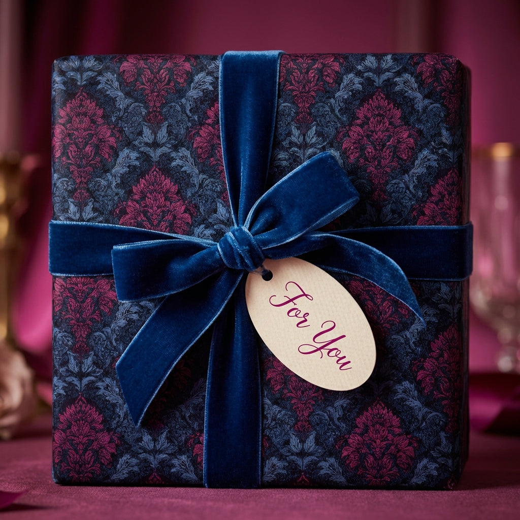 Elegant gift box with damask wrapping paper, tied with a blue velvet ribbon and a "For You" tag.
