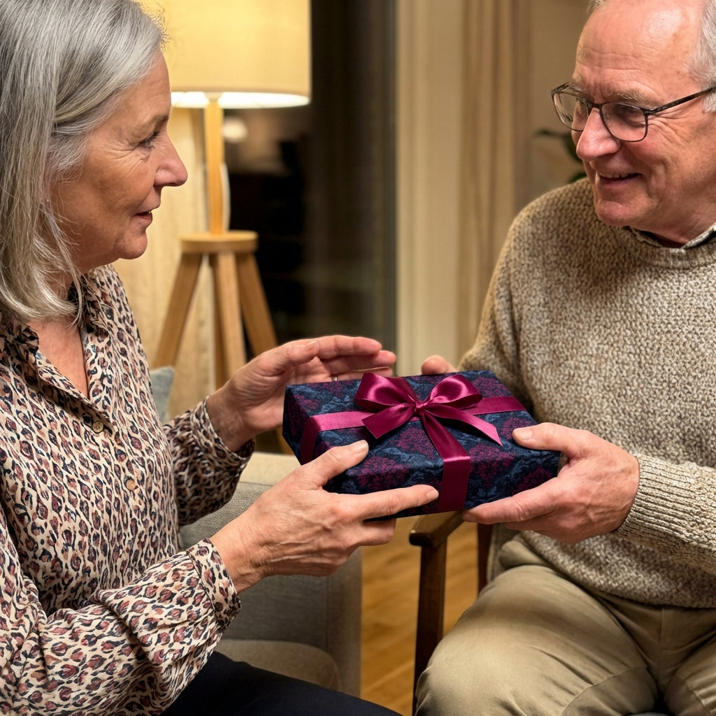 Senior couple exchanging a gift with floral wrapping paper and a purple ribbon in a cozy indoor setting.