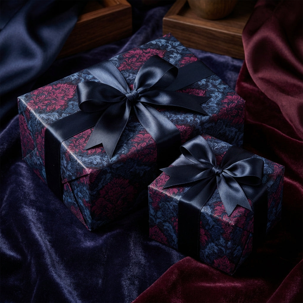 Two gifts wrapped in elegant floral wrapping paper with satin ribbon and bow.