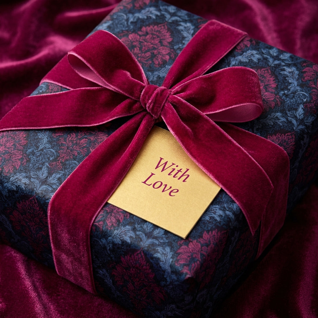 Gift box with a red ribbon and 'With Love' tag on a dark fabric background