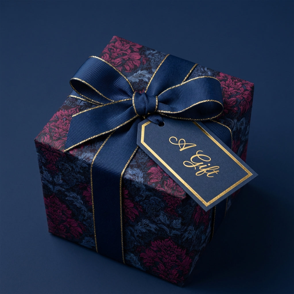 Elegant gift wrapped in navy floral wrapping paper with gold-trimmed ribbon and tag, perfect for birthdays.