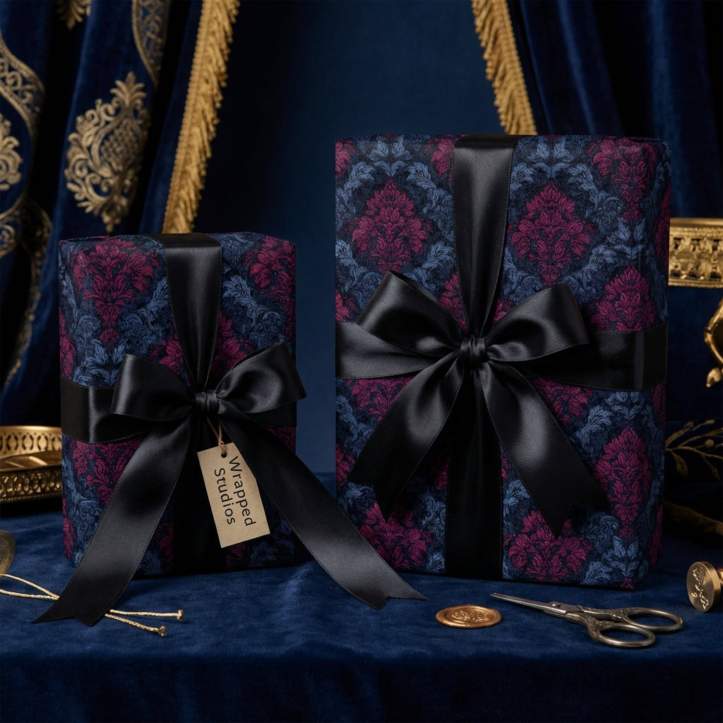 Luxury gift wrap with a dark floral damask pattern and black satin ribbon.