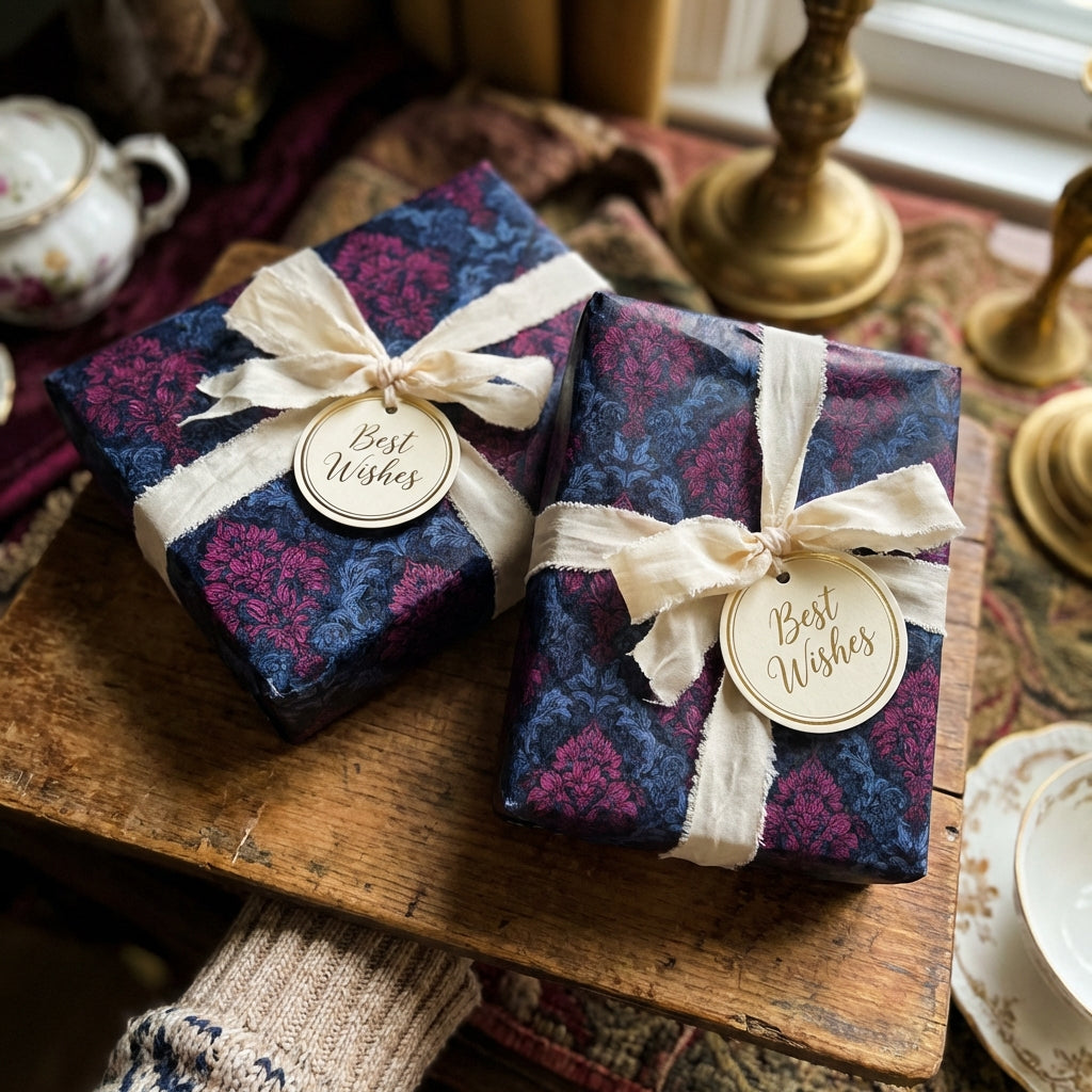Two gifts wrapped in luxury floral wrapping paper with cream ribbons and "Best Wishes" tags.