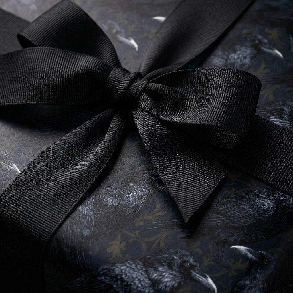 Gothic raven wrapping paper with a black grosgrain ribbon bow by Wrapped Studios.