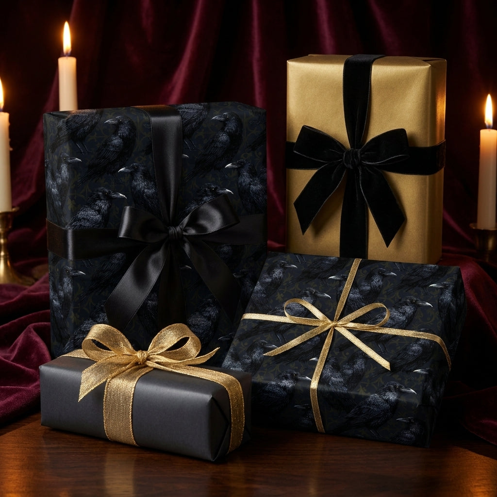Gothic raven wrapping paper and elegant gold gift wrap with luxury bows by Wrapped Studios.