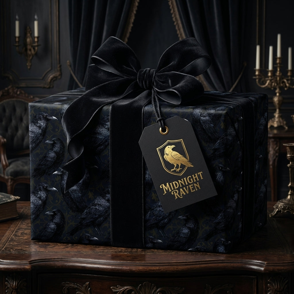 Gothic raven wrapping paper with a black velvet bow on a luxury gift box by Wrapped Studios.