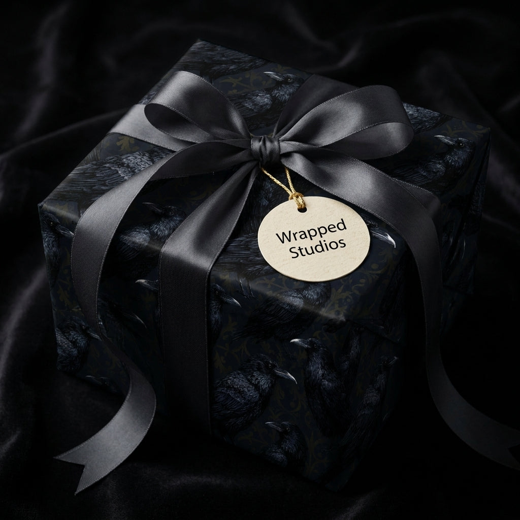 Luxury gothic crow wrapping paper on a gift box with a black satin bow by Wrapped Studios.