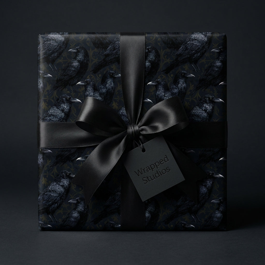 Gothic raven wrapping paper with a black satin bow, luxury Halloween gift wrap by Wrapped Studios.